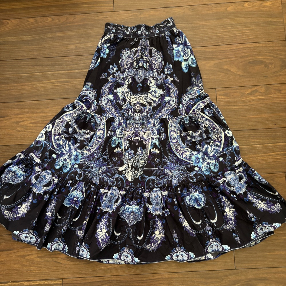 Camilla Black Floral Paisley Skater Skirt with Blue Accents